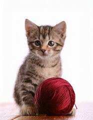 Kitten playing with a ball of yarn
