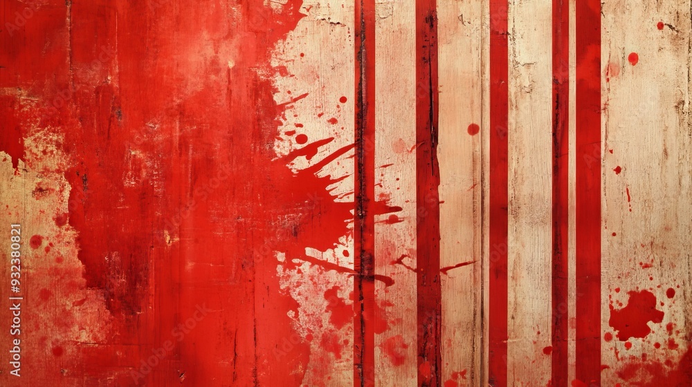 Poster an abstract composition featuring red splashes and vertical stripes, evoking a sense of intensity an