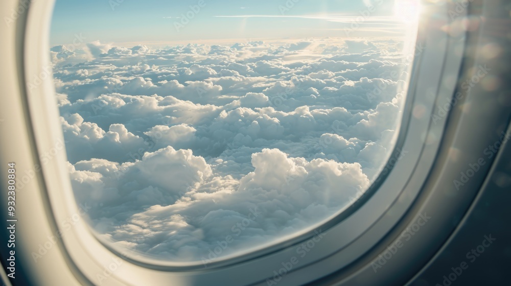 Aufkleber Clouds viewed from an airplane window with cabin lights visible