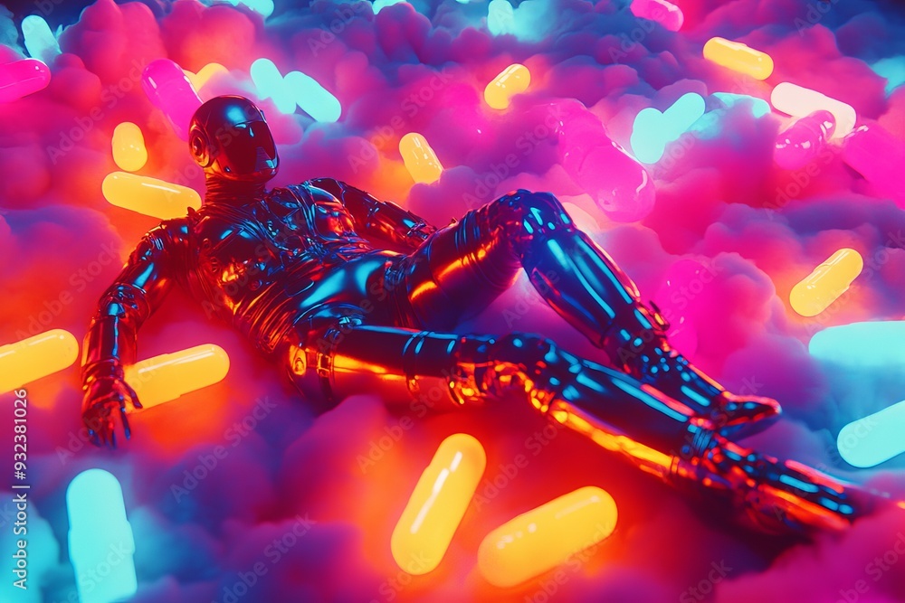 Poster cybernetic figure surrounded by colorful floating capsules in a neon lit environment blending human 