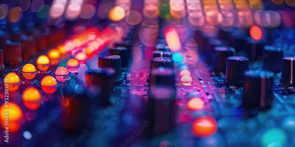 Poster Close-up shot of a sound board with colorful lights in the background, suitable for presentations or event coverage