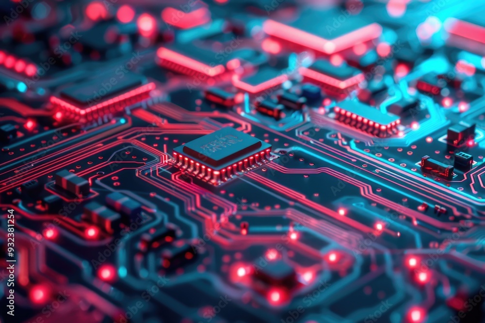 Poster a detailed view of a circuit board with bright red and blue led lights
