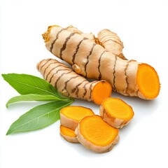 Close up of Turmeric (Curcuma longa Linn) rhizome (root) sliced with green leaves on an isolated white background