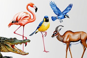 Obraz premium Playful Watercolor Illustration of Crocodile, Flamingo, Goldfinch, Blue Jay, and Kudu Set Against a Clean White Backdrop