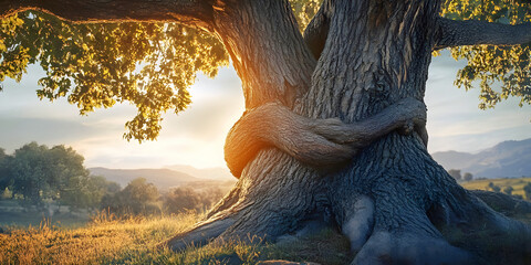 Abstract Panorama lone tree, ai generated.	