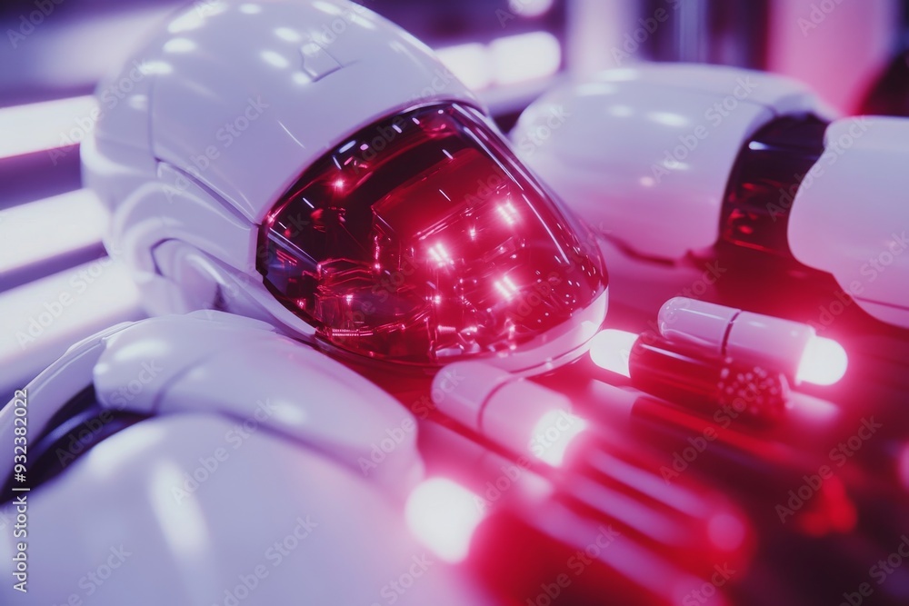 Poster robotic surgeon in a sterile futuristic operating room emphasizing the precision and advanced capabi