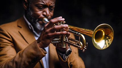 Obraz premium A man playing the trumpet with intense focus, set against a dark, moody background, wearing a brown jacket. 
