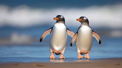 Fototapeta premium A Pair of Penguins Walking Together on a Snowy Landscape in the Wild