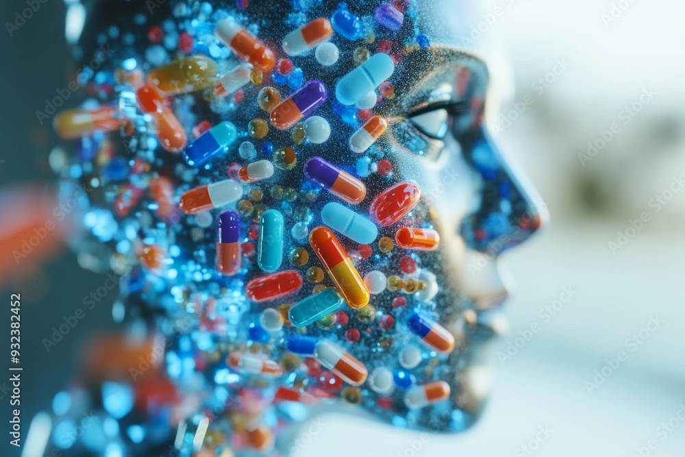 Poster human face constructed from an array of multicolored capsules symbolizing the integration of pharmac