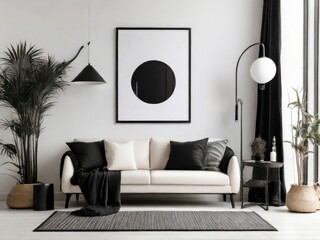 Mockup black poster frame and accessories decor in cozy white interior background
