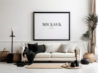 Mockup black poster frame and accessories decor in cozy white interior background