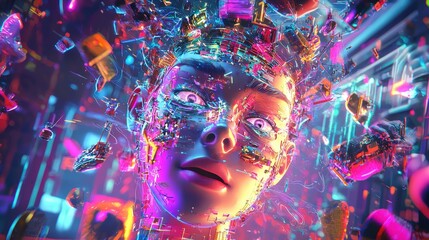 Abstract Face Art  Glitch  Neon  Cyberpunk  Digital Art  Futuristic   D Render  Colorful  Eye  Woman  Portrait