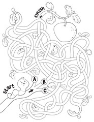 Children logic game to pass the maze. Help caterpillar through labyrinth. Educational game for kids. Attention task. Choose right path. Funny cartoon character. Worksheet page. Coloring book