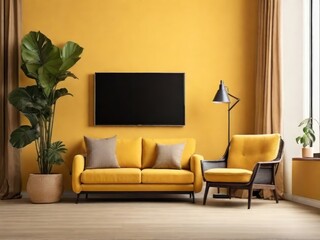 Mockup TV in modern living room with armchair and plant on yellow wall