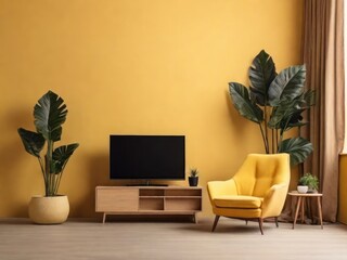 Mockup TV in modern living room with armchair and plant on yellow wall