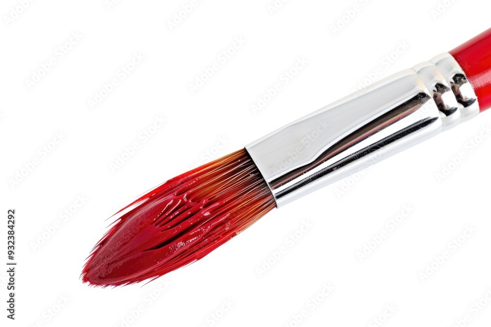 Poster a close-up shot of a paint brush with a distinctive red handle, ideal for use in illustrations or gr