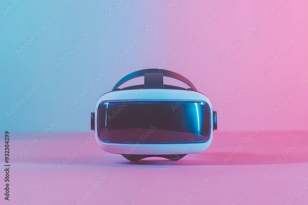 Poster vr headset with a sleek design placed on a colorful surface representing the intersection of cutting