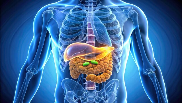 Illustration of the pancreas, a vital organ located behind the stomach, highlighting its digestive enzymes and islet cells responsible for glucose regulation and insulin production.