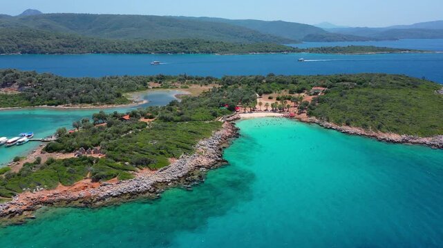 Sedir Adası famous with Cleopatra Beach's white, fine and soft sand, surrounded by azure and turquoise blue waters. Aerial View. Mediterranean Sea, Sedir Island, Gulf of G&ouml;kova, Muğla, Turkey
