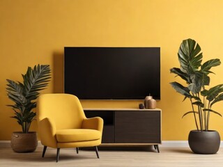 Mockup TV in modern living room with armchair and plant on yellow wall