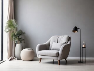 Modern interior of living room with gray armchair on empty white color wall background