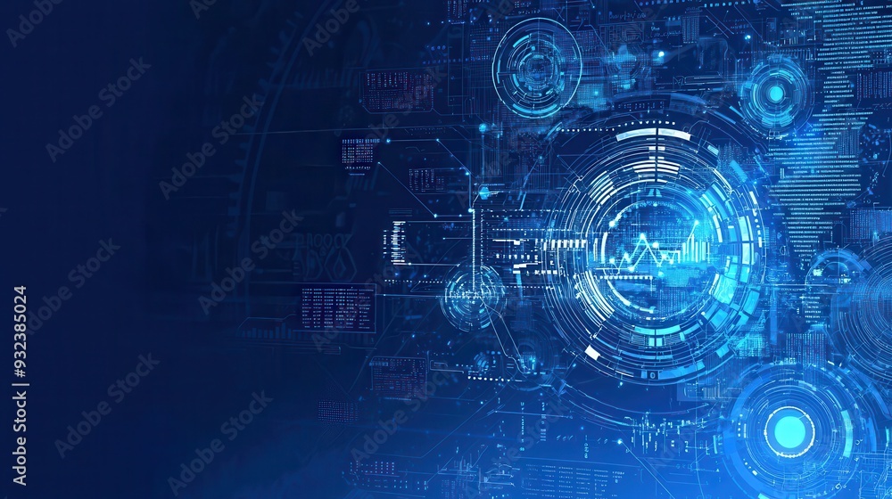 Poster abstract blue technology background with digital data and hud interface