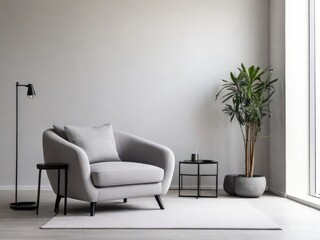 Modern interior of living room with gray armchair on empty white color wall background