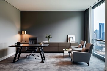 Fototapeta premium Stylish Modern Gray CEO Office Interior Featuring Desk Table and Chair Elegant Living Room Design with Dining Table and Armchair