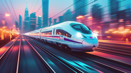 A high-speed bullet train traveling through a futuristic cityscape at dusk, capturing motion and urban transportation in modern environments.