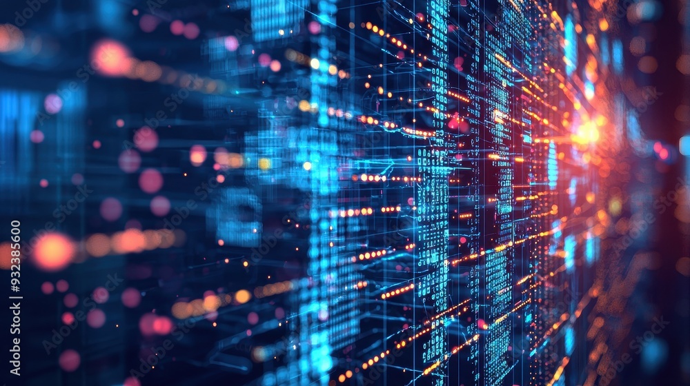 Poster abstract digital data flow with glowing lines and bokeh