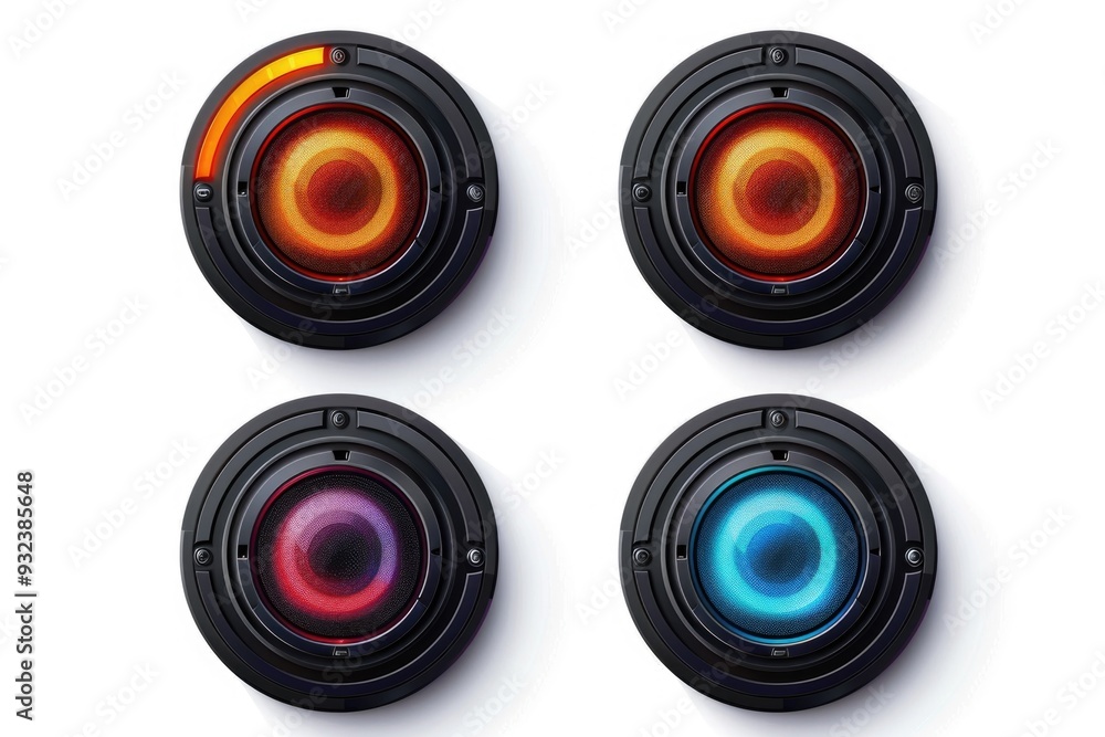 Poster a set of four different colored lights on a white surface, great for backgrounds and designs