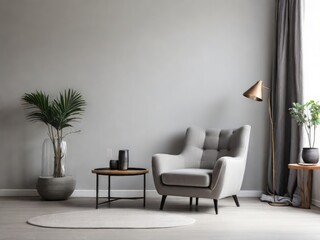 Modern interior of living room with gray armchair on empty white color wall background