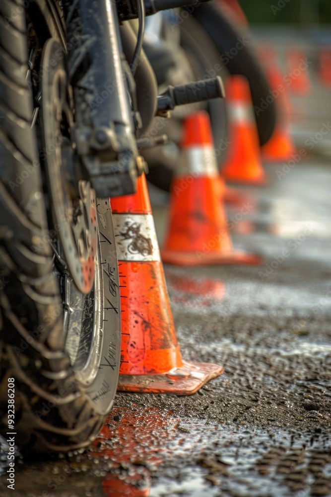 Poster row of orange traffic cones sitting next to each other