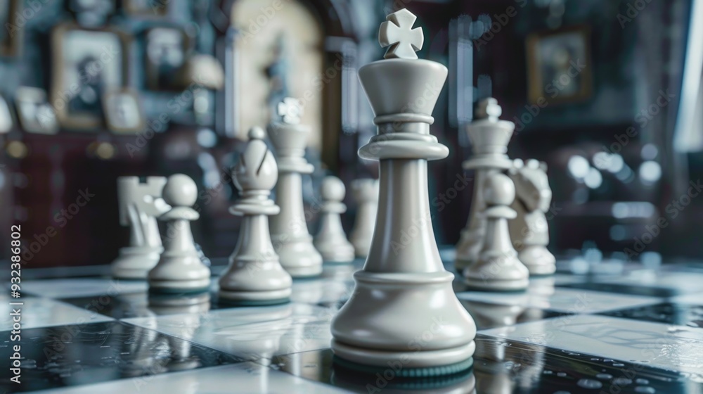 Poster Close-up view of a chess board with multiple pieces in various positions