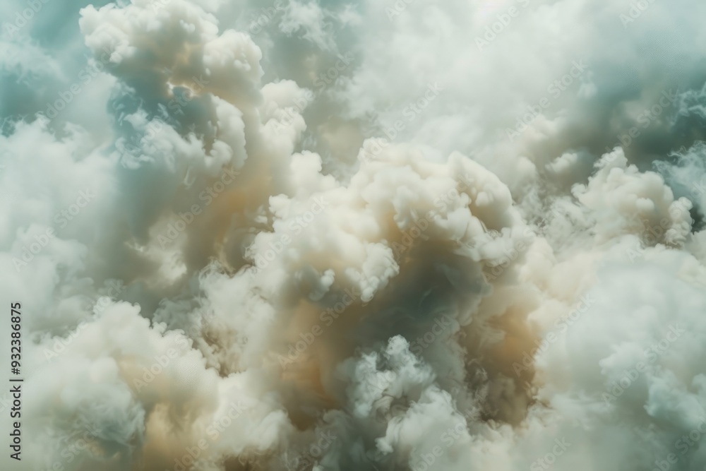 Poster a single-engine plane flies through a cloudy sky with blue and white clouds