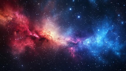 Obraz premium A vibrant nebula, glowing with red, orange, blue, and purple hues against a backdrop of twinkling stars in a dark, infinite universe.