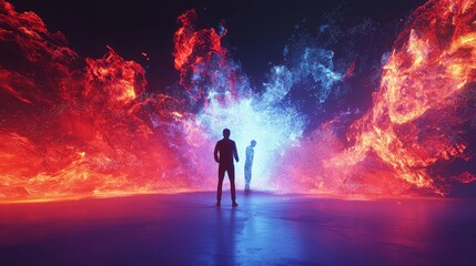 Silhouette of a Man Standing Between Fire and Ice
