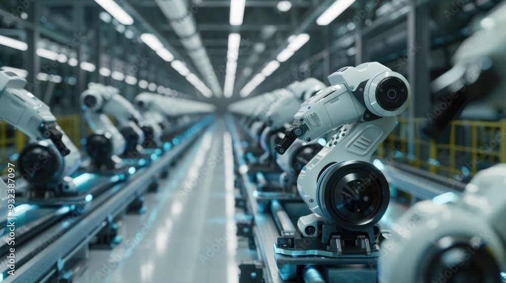 Aufkleber a production line filled with numerous white robots working together