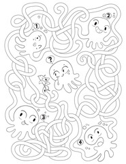 Children logic game to pass maze. Color the octopuses tentacles and find out who gave the flower. Educational game for kids. Choose right path. Funny cartoon character. Worksheet page. Coloring book