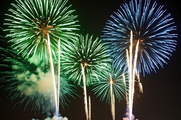 Fototapeta premium Vibrant Green and Blue Fireworks for New Year Celebration with Ample Copy Space