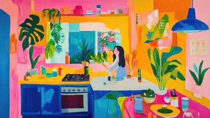 Joyful duo in colorful kitchen setting