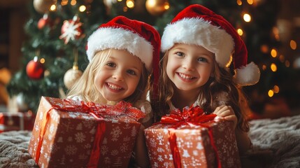 Merry Christmas at home with two happy little girls and a holiday tree.