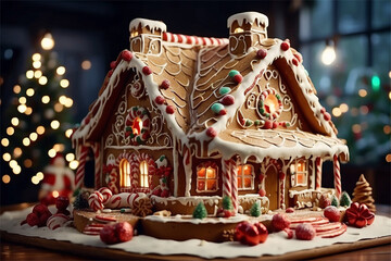 Fototapeta premium Christmas gingerbread house decorated with candy canes and festive icing.