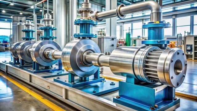 Industrial positive displacement pump with metallic body and pipes, efficiently transferring fluids with precise control, in a factory or manufacturing setting background.