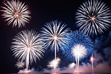 Fototapeta premium Radiant Blue and White Fireworks for New Year Celebration with Abundant Copy Space