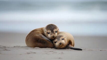 Naklejka premium Two Seals Snuggling Together in a Heartwarming Display of Affection