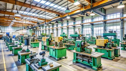 Industrial workshop scene featuring various machine tools and equipment, including lathes, drill presses, and grinders, in a well-organized and efficient production environment.