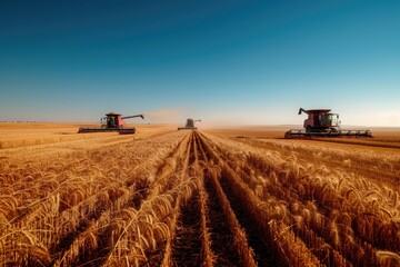 Obraz premium Two combine harvesters working together in a wheat field, harvesting crops