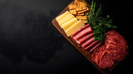 Overhead shot of a stylish charcuterie board, thin meats, parmesan, pecorino, and decorative herbs, black background, crisp studio lighting, ample room for text.