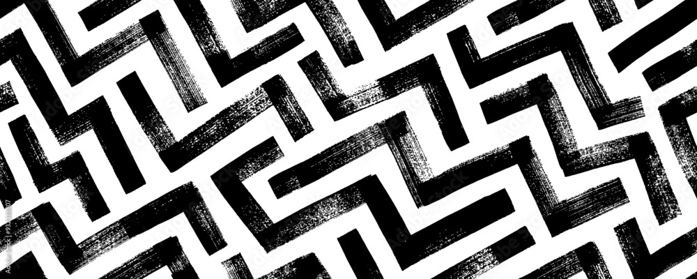 Poster Geometric maze seamless banner design. Abstract geometric labyrinth seamless pattern with zigzag brush strokes.